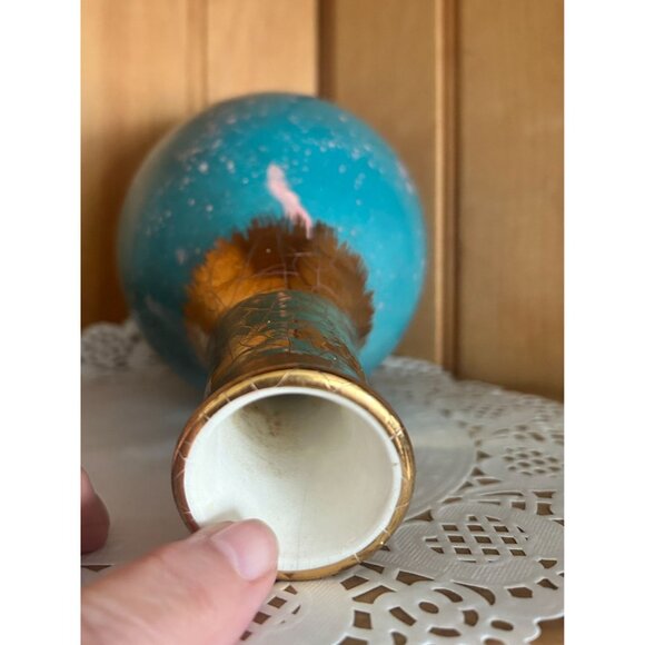 Vintage Unique Turquoise & Gold Crackle Ceramic Vase Pink Drip Accents Flower - Picture 7 of 8